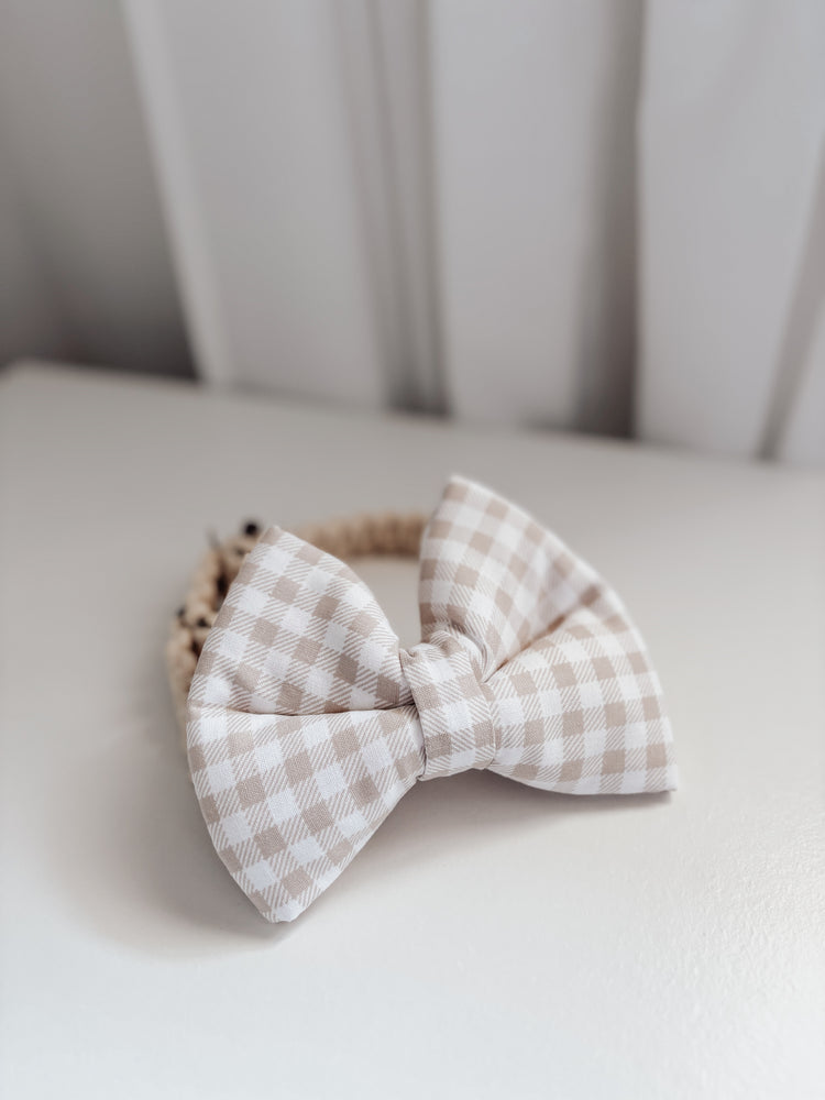 Oat Gingham Dog Bow