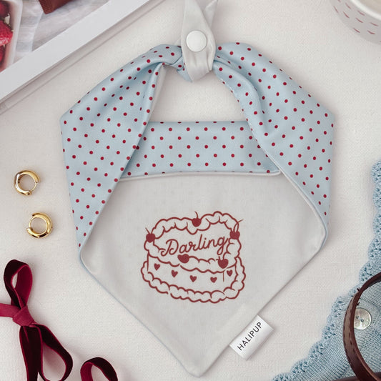 polkadot double sided dog bandana with cherry cake "darling" cursive text