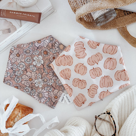 Reversible dog bandanas with flowers and pumpkins