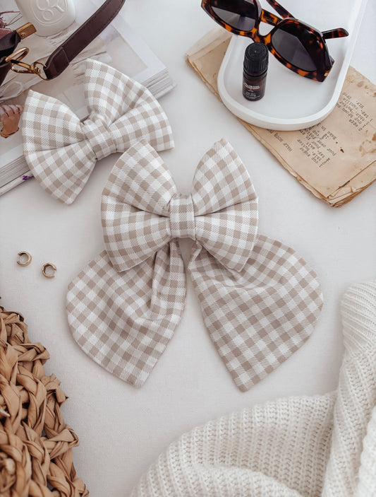 Oat Gingham Dog Bow