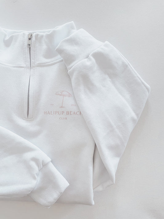 Halipup Beach Club White 1/4 zip Crewneck Pink