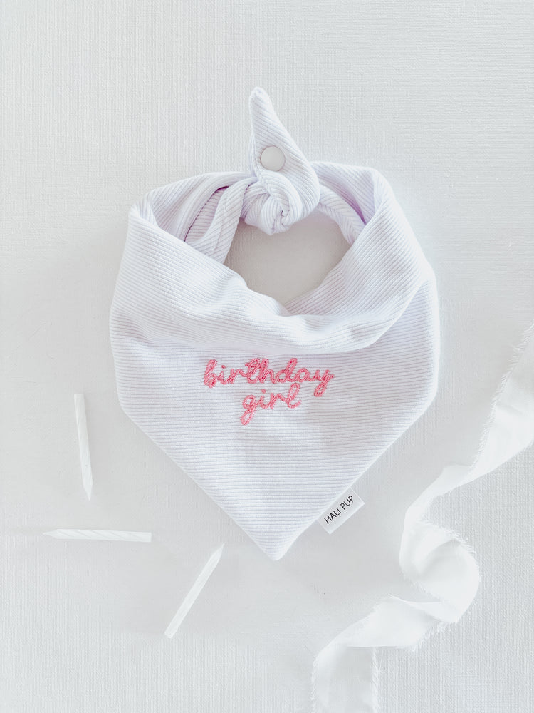 Birthday Girl Embroidered White Knit Dog Bandana