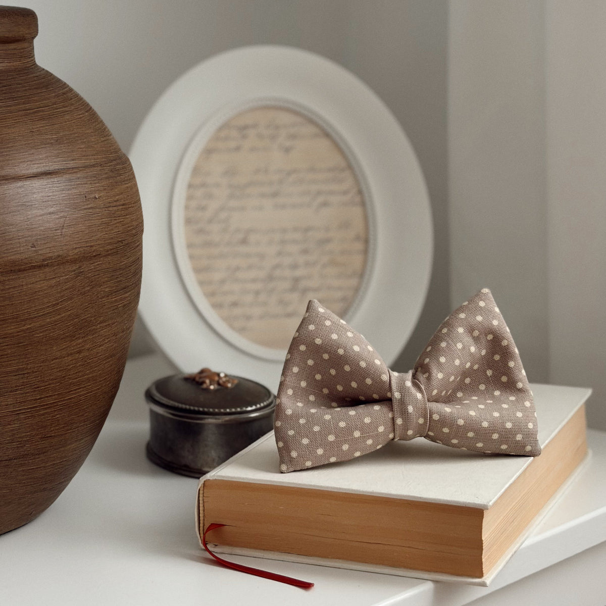 Beige Polkadot Classic Dog Bow