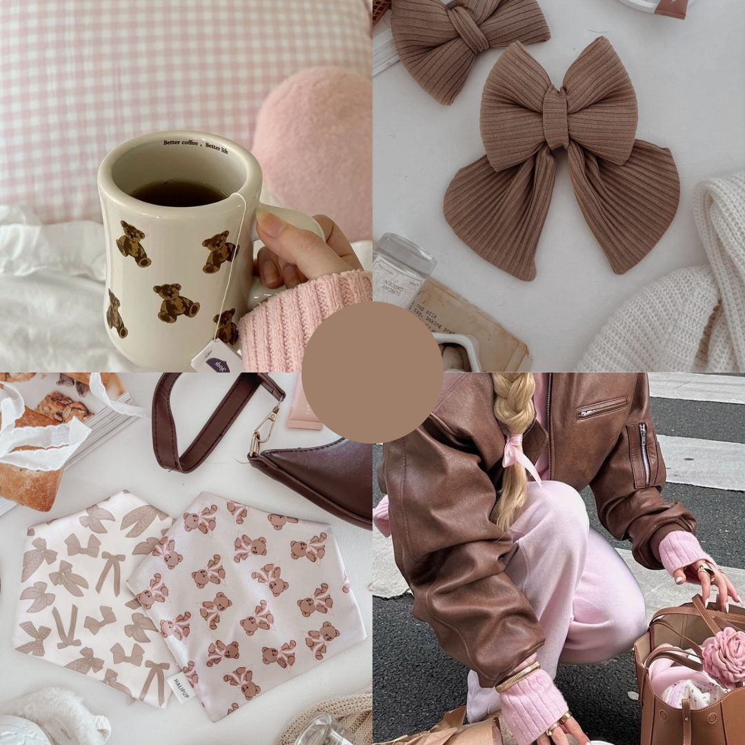 womans brown outfit mood board with matching dog bow and bandana
