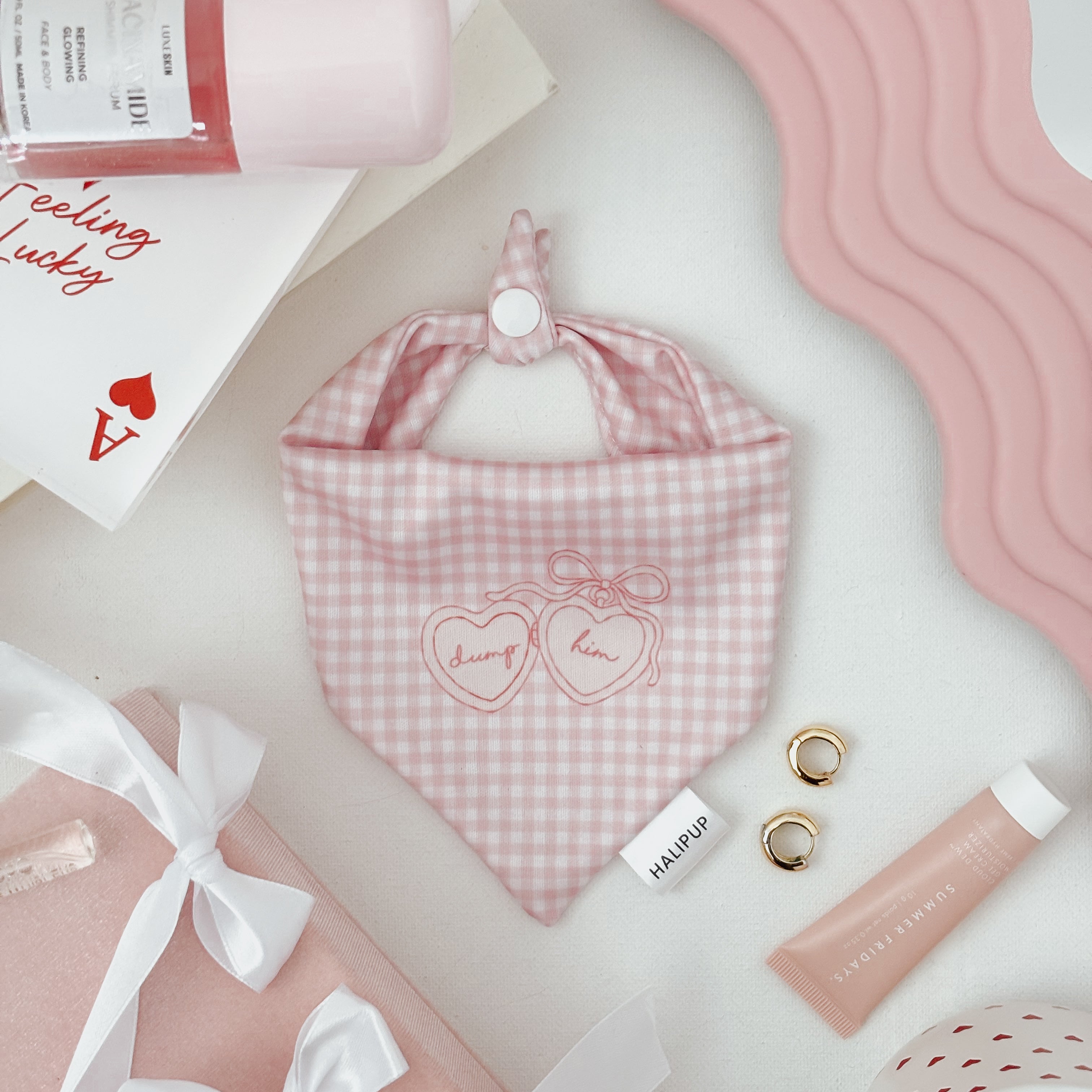 pink gingham dog bow with locket 