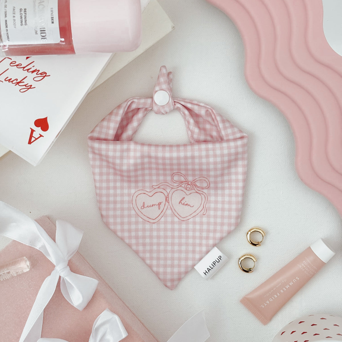 pink gingham dog bow with locket "dump him" cursive quote