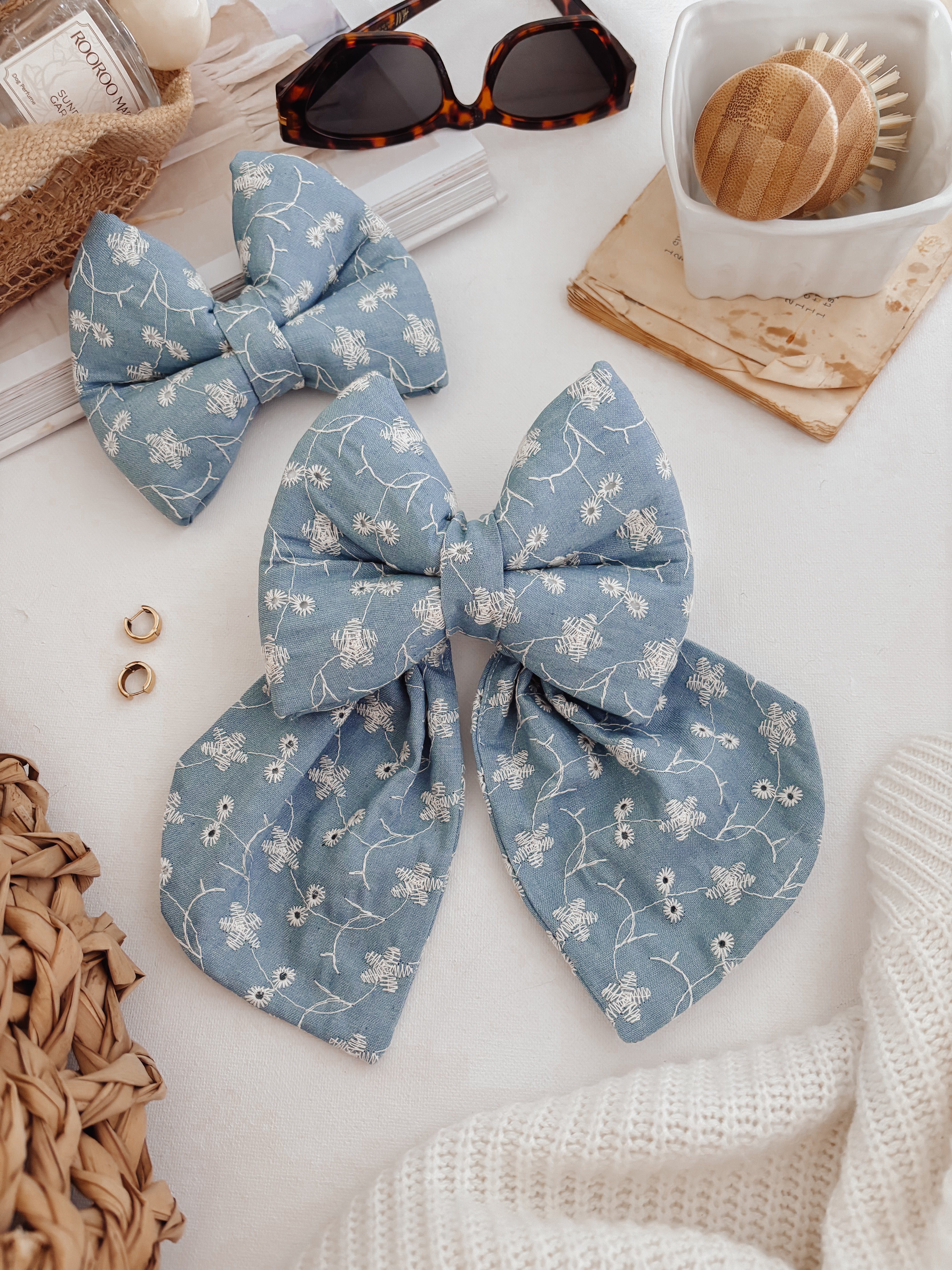 Denim Eyelet Dog Bow