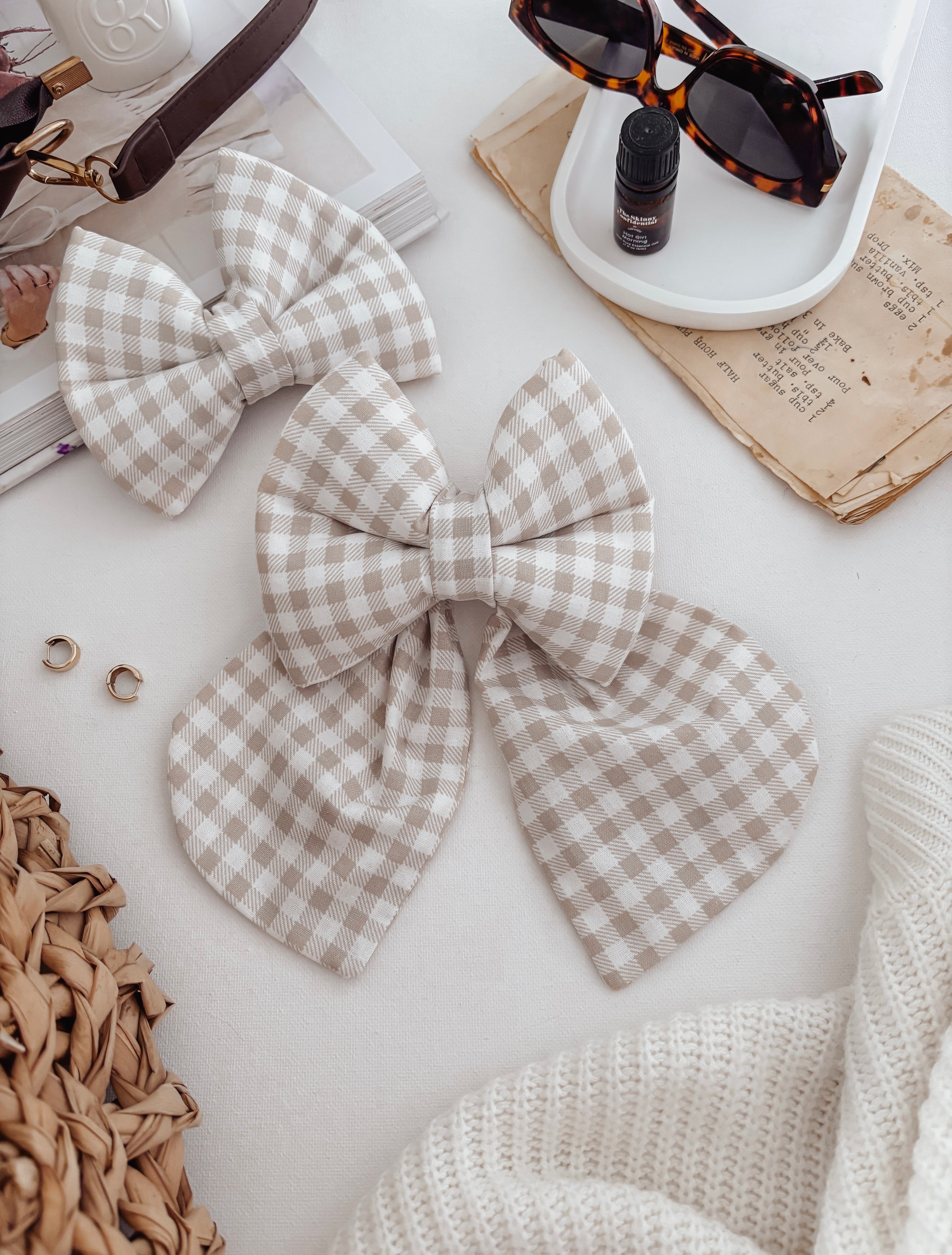 Oat Gingham Dog Bow