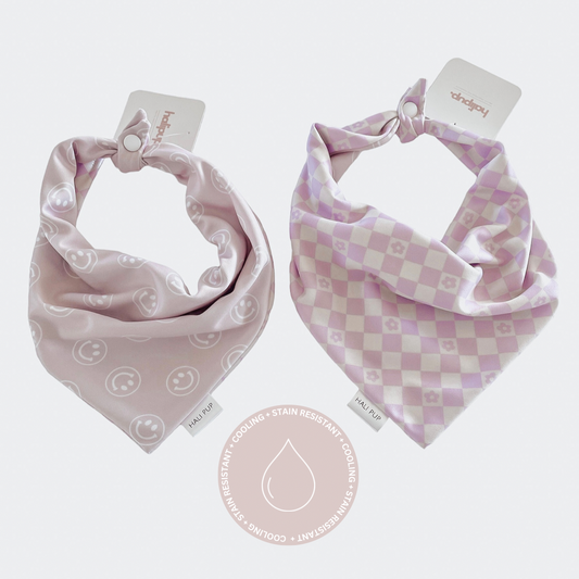 Retro lavender smileys with reversible checkboard Dog Bandana