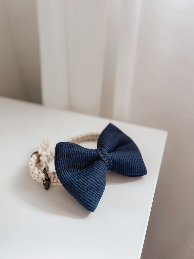 Navy Blue Waffle Knit, Over the collar dog bow