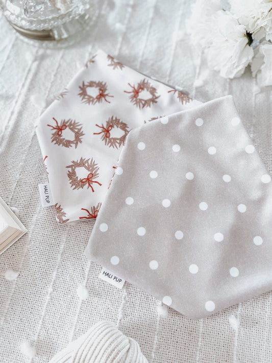 Boho Christmas wreaths with reversible polkadots, tie and snap dog bandana