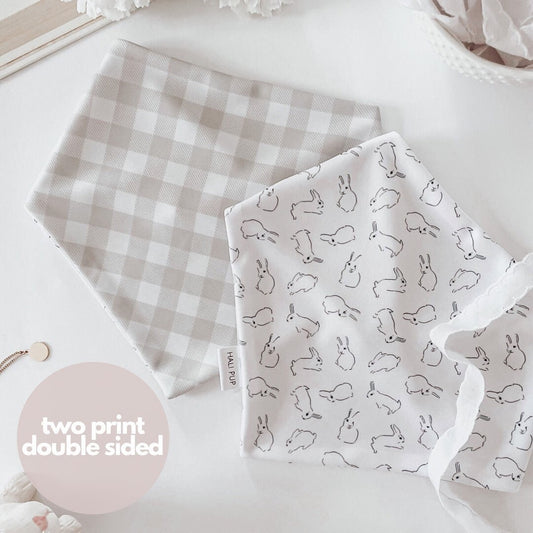 Oat gingham plaid, with reversible boho sketched bunnies, tie and snap dog bandana