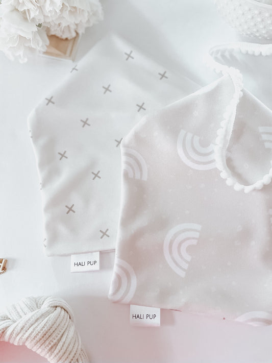 Beige boho rainbows, with reversible cross on white, cooling tie and snap dog bandana