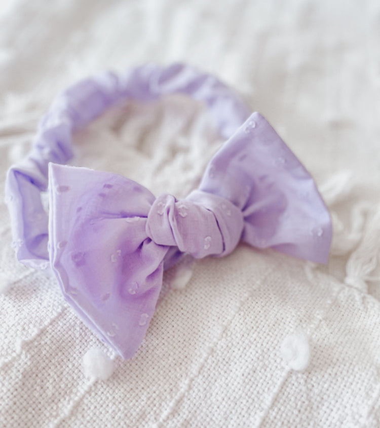 Lilac Swiss dot, adjustable top knot pup bow/bowtie