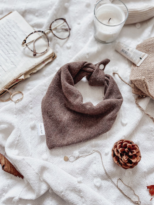 Cozy knit brown, tie and snap dog & cat bandana