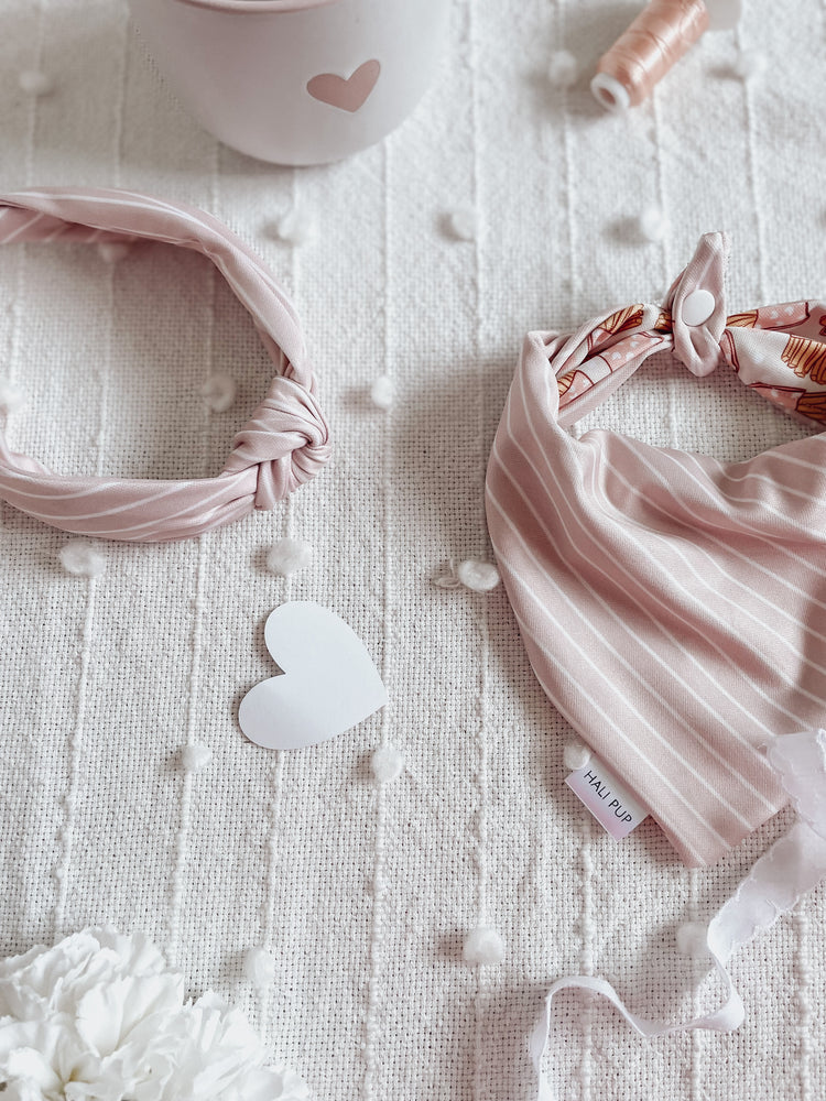 Blush pink and white striped matching dog mom headband with gift box