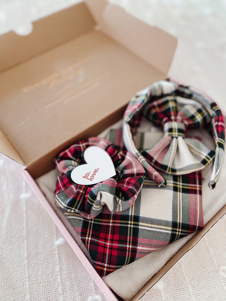 Classic Christmas plaid, over the collar pup and cat bow