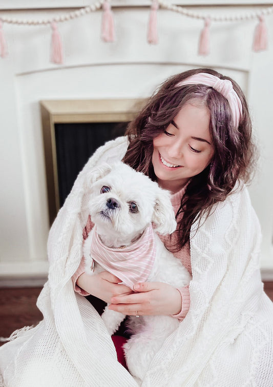 Blush pink and white striped matching dog mom headband with gift box