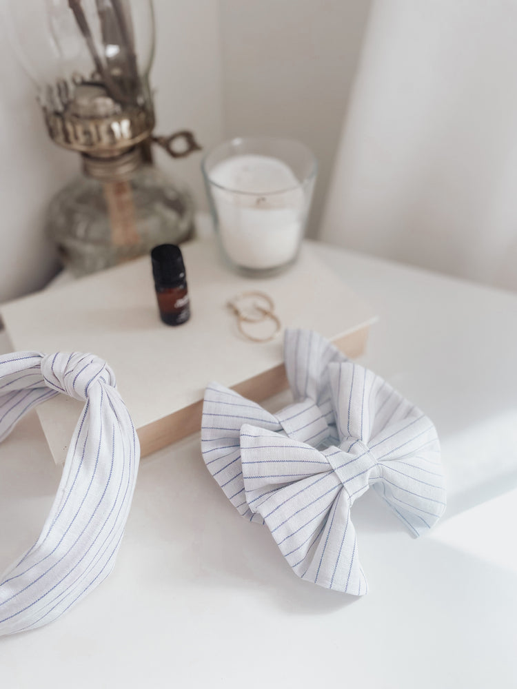 White and blue striped, pup & cat pinwheel over the collar sailor bow