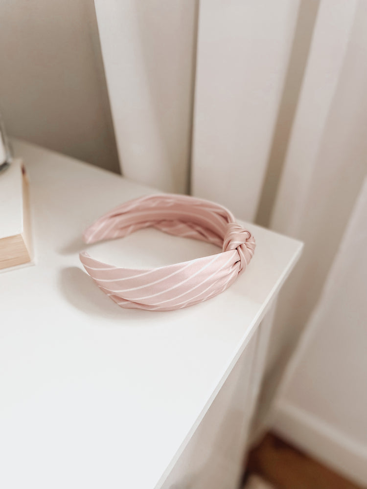 Blush pink and white striped matching dog mom headband with gift box