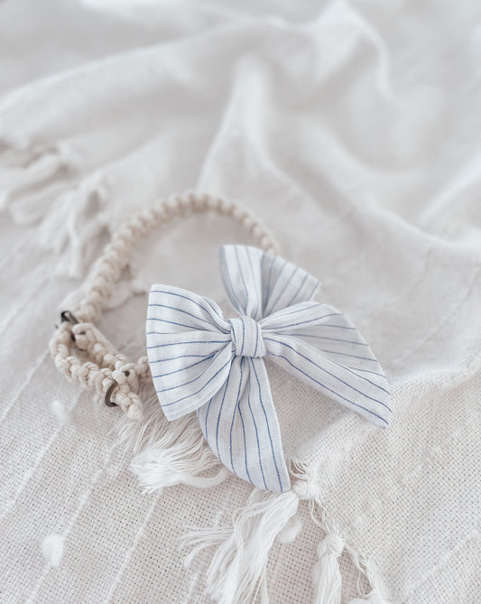 White and blue striped, pup & cat pinwheel over the collar sailor bow