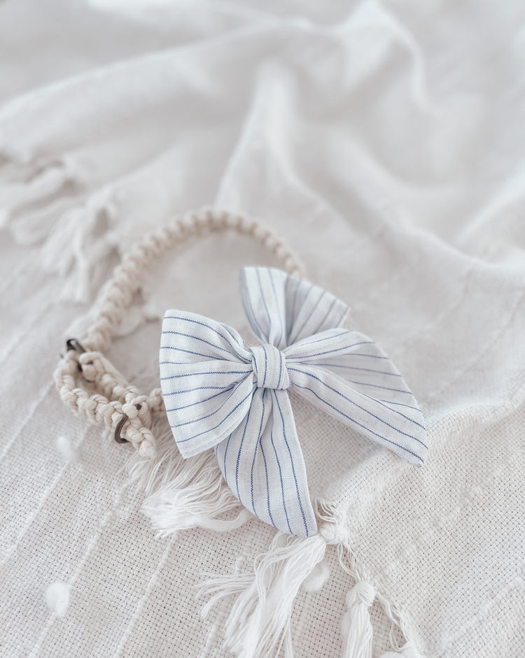 White and blue striped, pup & cat pinwheel over the collar sailor bow