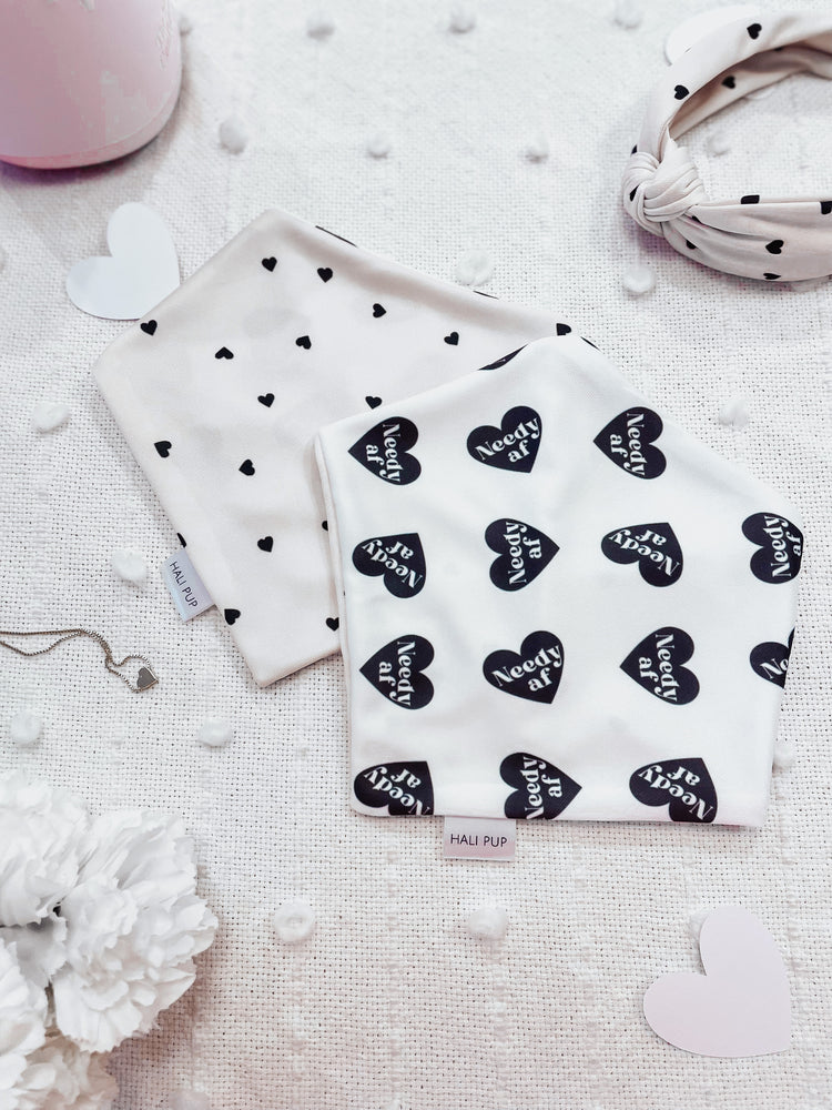 Tossed black hearts on oat matching dog mom headband with gift box