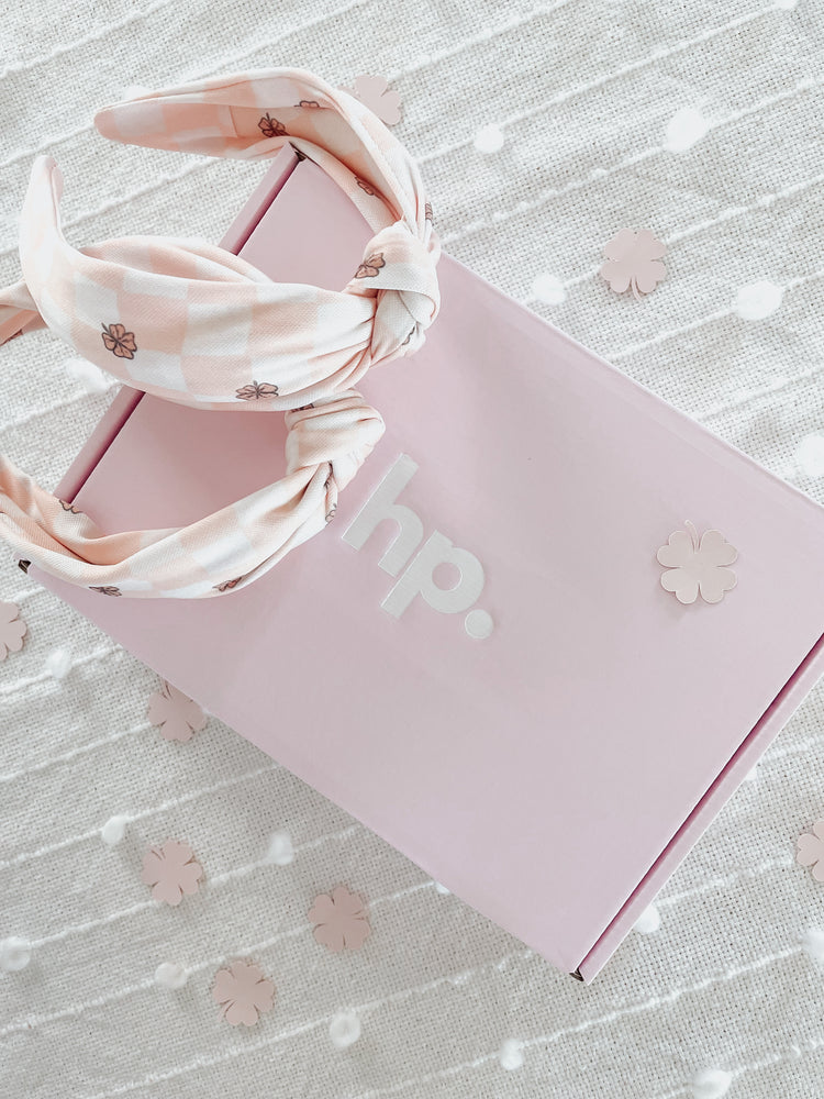 Soft pink checkered clover, St patricks day matching dog mom headband with gift box