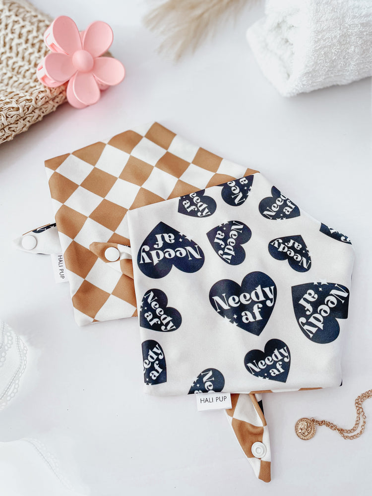 Needy AF hearts, with reversible burnt orange check, cooling tie and snap dog bandana
