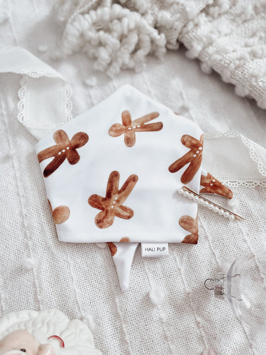 Boho gingerbread men with reversible whimsy trees, tie and snap pup and cat bandana